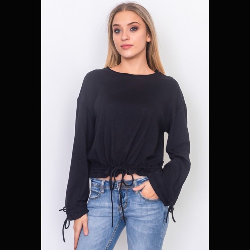 SOLD-Trendy Black Drawstring Hem Jersey Top
